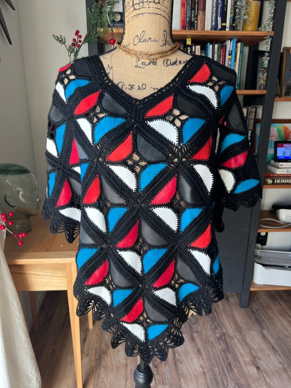 Source Unknown Black Crochet Poncho with Red, Blue & White Inset Panels